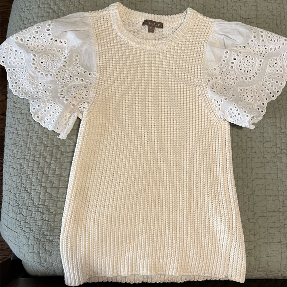 Lilla P Ivory Knit Top with Lace Sleeves